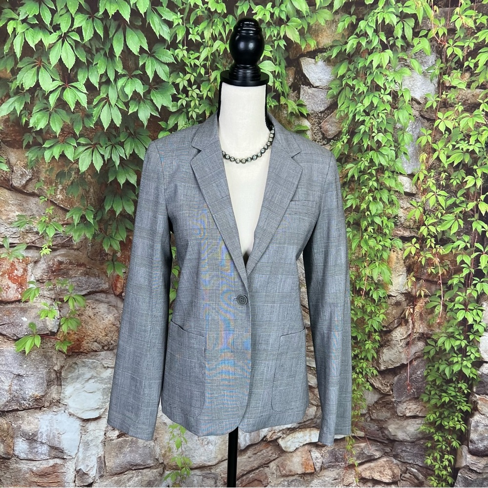 THEORY Minimalist Luxury Classic Gray Plaid Wool Blend Single Button Blazer, M - Picture 3 of 14